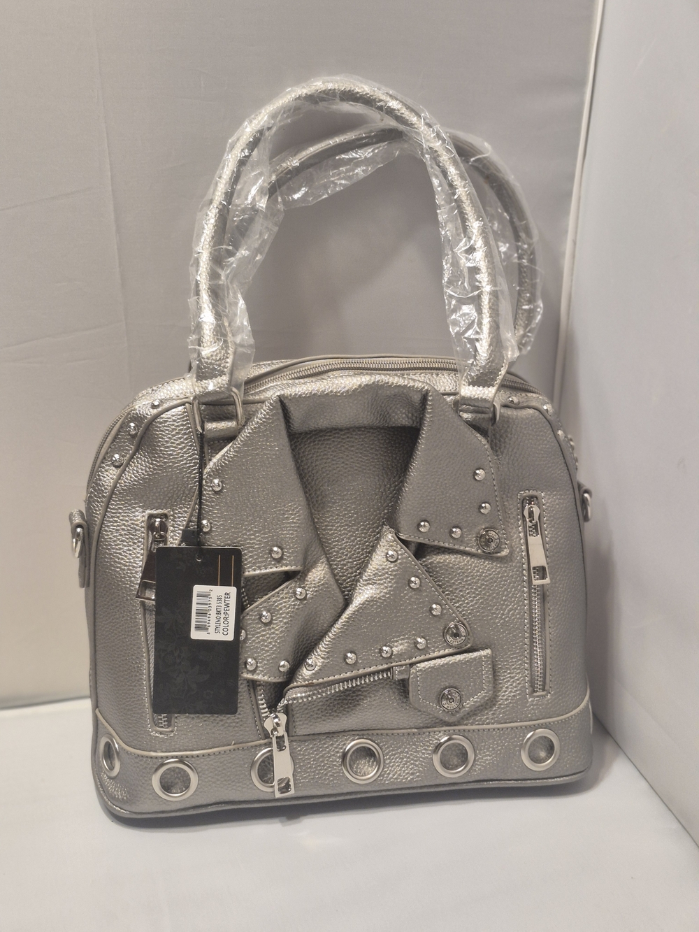 Metallic Silver Studded Women's Satchel Bag Shapped Like A Motorcylce Jacket
